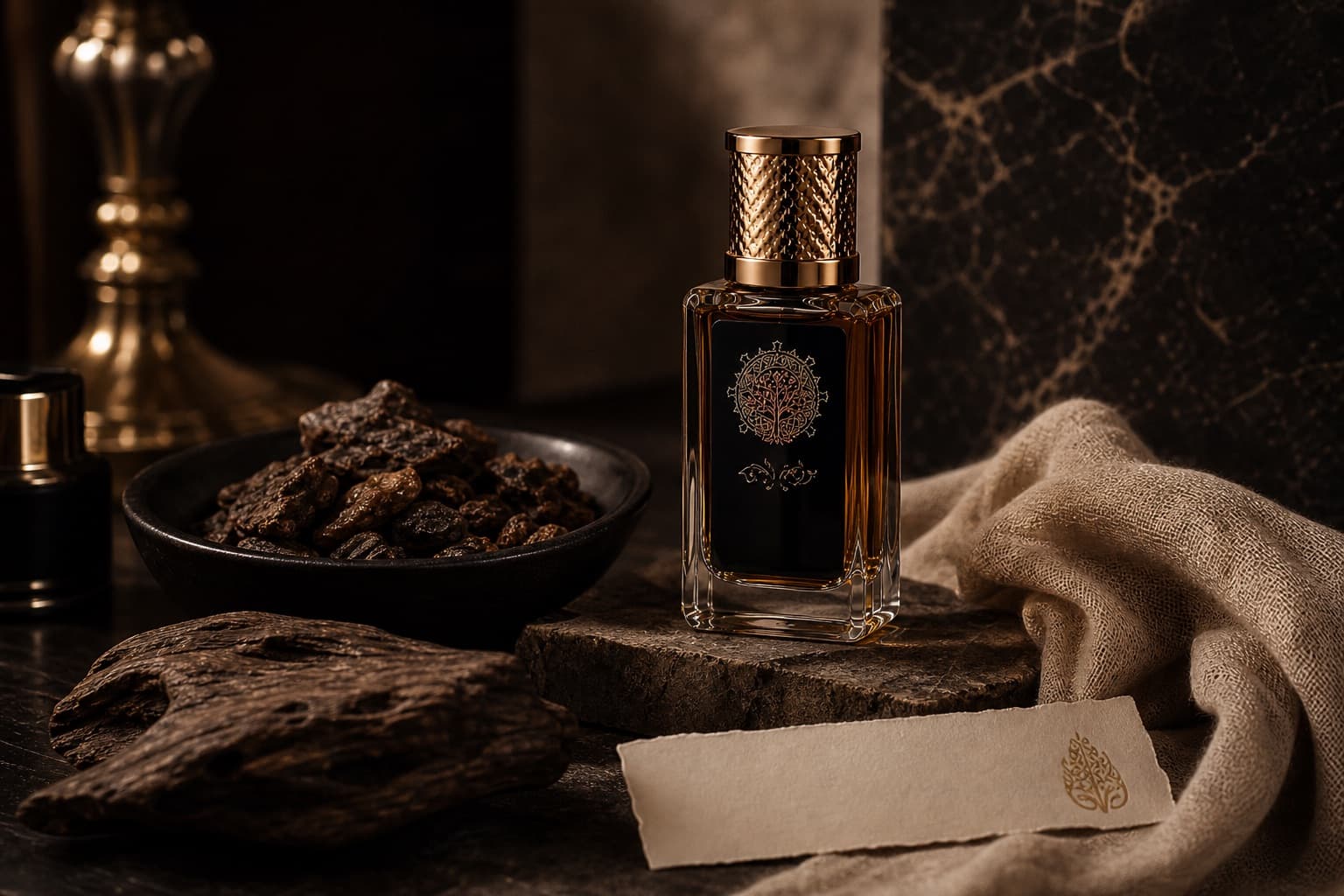 Oud oil and agarwood arranged for a private consultation